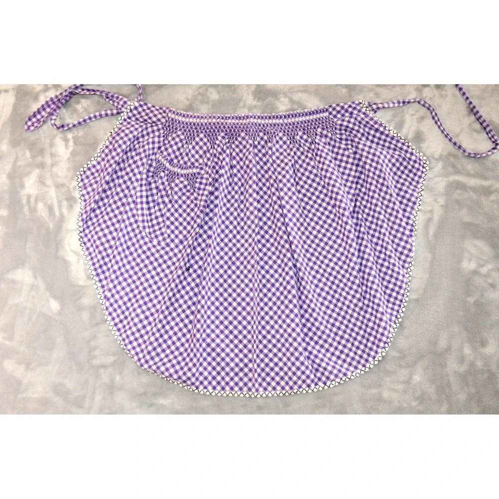 Vintage MCM 60s Half Apron Purple‎ & White Gingham Smocked Pocket Waist Band 20